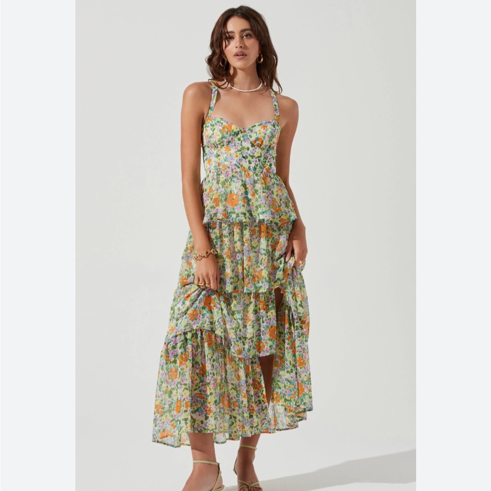 Astr Floral Tiered Maxi Dress in Green, Orange, Pink